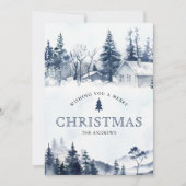 Winter Mountain Snowy Village Foto Blauwe Kerst Feestdagenkaart (Voorkant)