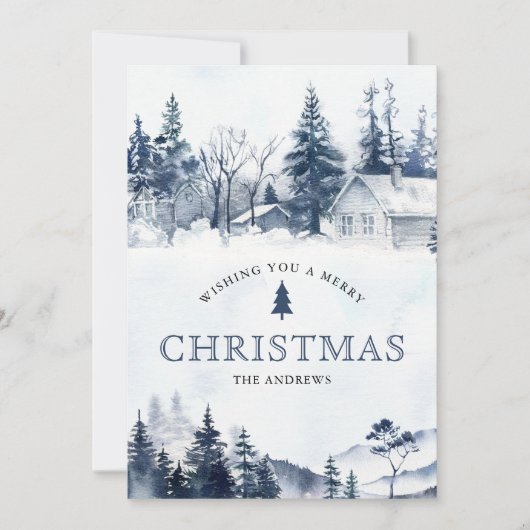 Winter Mountain Snowy Village Foto Blauwe Kerst Feestdagenkaart (Voorkant)