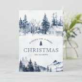 Winter Mountain Snowy Village Foto Blauwe Kerst Feestdagenkaart (Staand voorkant)