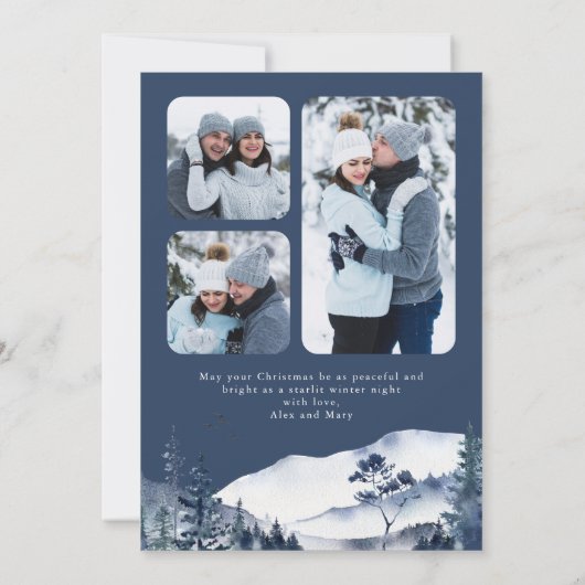 Winter Mountain Snowy Village Foto Blauwe Kerst Feestdagenkaart (Achterkant)