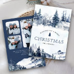 Winter Mountain Snowy Village Foto Blauwe Kerst Feestdagenkaart<br><div class="desc">Elegante kerstkaart met prachtige hutten en pijnbomen. Voeg eenvoudig jouw tekst toe aan deze gebruiksvriendelijke sjabloon en versier deze kaart met uw favoriete foto's om er een unieke vakantiepas van te maken.</div>