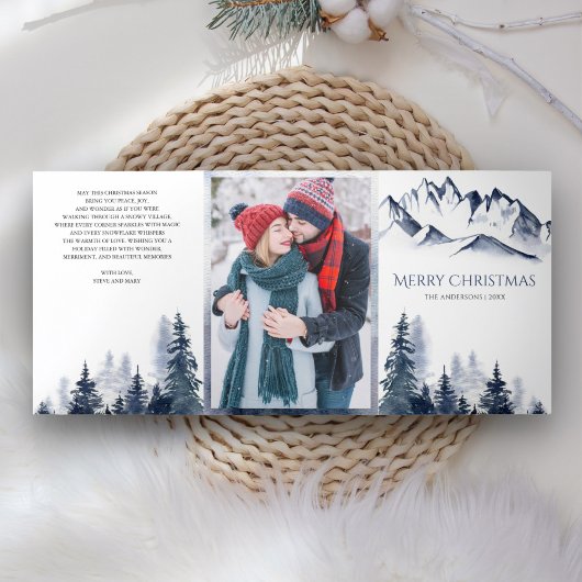 Winter Mountain Snowy Village Foto van Kerstmis Drieluik Wenskaart