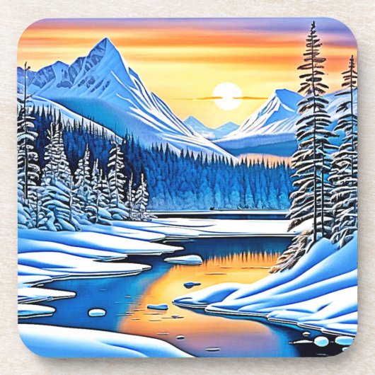 Winter Mountain Sunset Glow Bier Onderzetter (Voorkant)