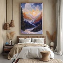 Winter Mountain Valley in pointillistische stijl Poster
