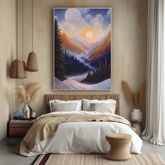 Winter Mountain Valley in pointillistische stijl Poster