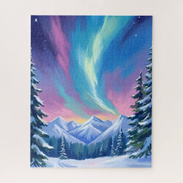 Winter Nacht Noorderlicht Aquarel Berg Legpuzzel
