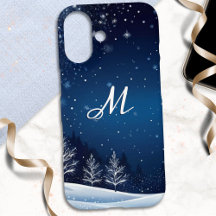 Winter Nacht Sneeuw Scene Blau Monogram