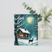 Winter Nachtbos Log Cabin Herten Kerstmis Feestdagenkaart (Staand voorkant)