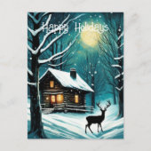 Winter Nachtbos Log Cabin Herten Kerstmis Feestdagenkaart (Voorkant)