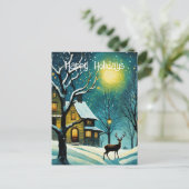 Winter Nachtwoud Volle Maan Cabine Herten Kerstmis Feestdagenkaart (Staand voorkant)