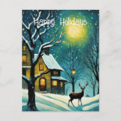 Winter Nachtwoud Volle Maan Cabine Herten Kerstmis Feestdagenkaart (Voorkant)