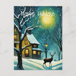 Winter Nachtwoud Volle Maan Cabine Herten Kerstmis Feestdagenkaart