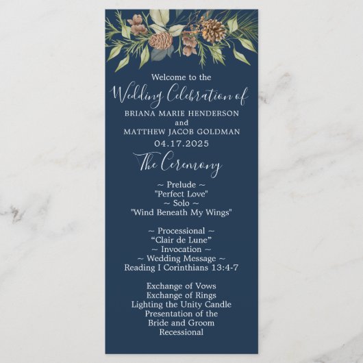 Winter Navy Blau Elegant Schrift Huwelijk Programmakaart (Voorkant)