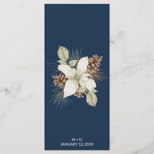 Winter Navy Blau Elegant Script Trouwmenu Menu (Achterkant)