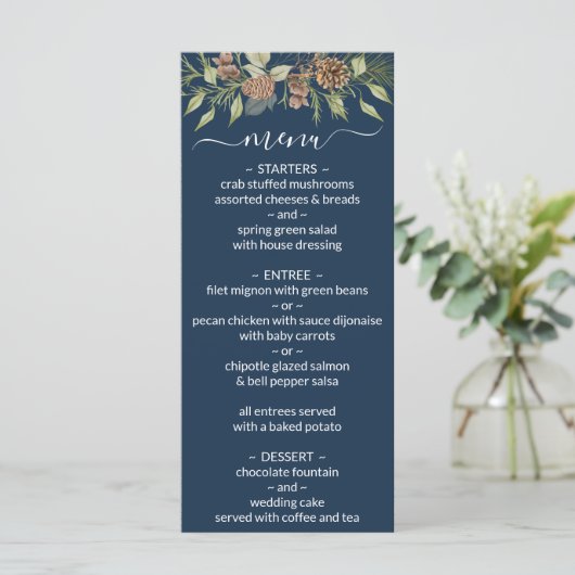 Winter Navy Blau Elegant Script Trouwmenu Menu (Staand voorkant)