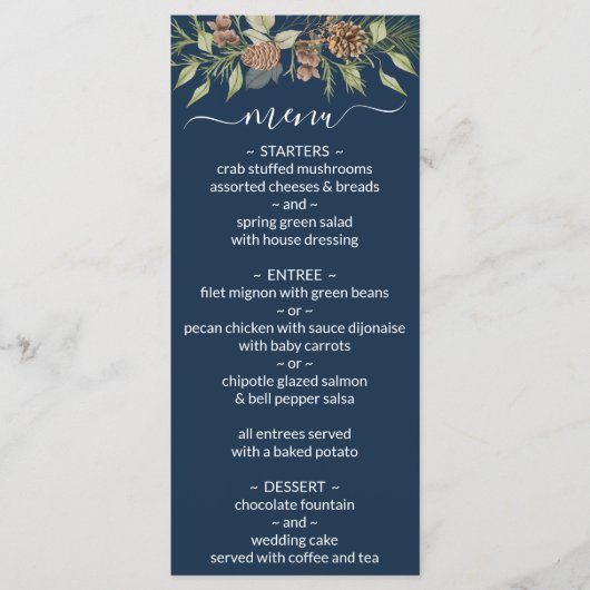 Winter Navy Blau Elegant Script Trouwmenu Menu (Voorkant)