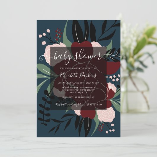 Winter navy blauw rood bewerkbaar bloemig baby sho kaart (Staand voorkant)