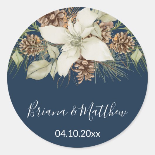 Winter Navy Blauwe Huwelijksenvelop Afdichtingen Ronde Sticker (Voorkant)