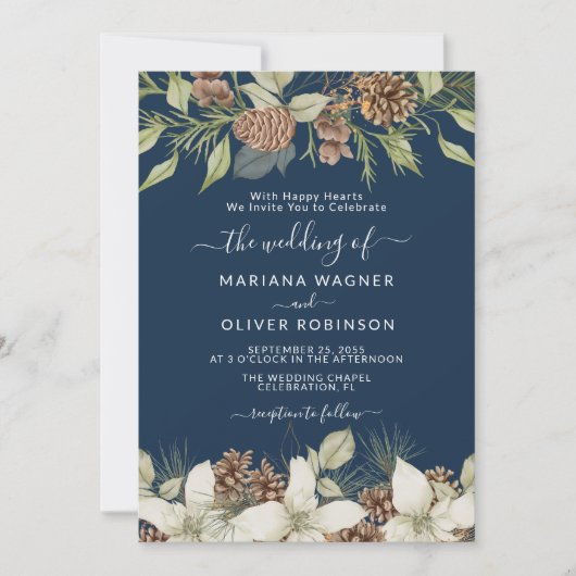 Winter Navy Blue Elegante Script Bruiloft Kaart (Voorkant)