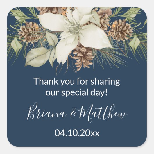 Winter Navy Blue Elegante Script Trouw Favor Vierkante Sticker (Voorkant)