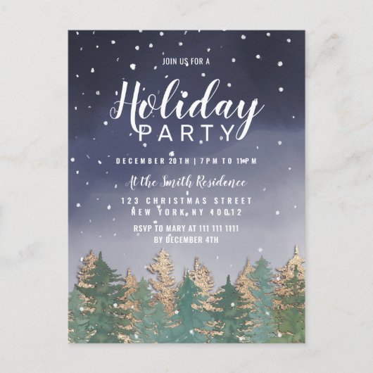 Winter Navy Waterverf Sneeuwbomen Feestdag Uitnodiging Briefkaart (Voorkant)