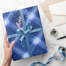 Winter Navy Wit Sneeuw Ijs Blauw Geruite Patroon Cadeaupapier
