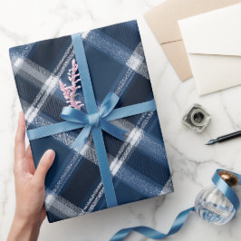Winter Navy Wit Sneeuw Ijs Blauw Geruite Patroon Cadeaupapier
