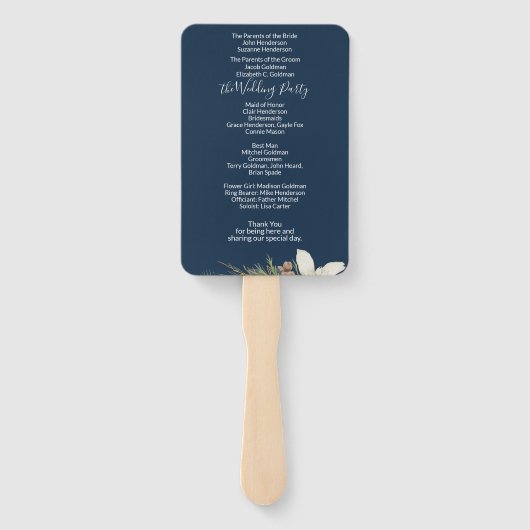 Winter Navyblauw Elegant Script Trouwprogramma Handwaaier (Achterkant)