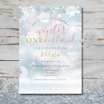 Winter nederland 1e verjaardag roze en goud kaart<br><div class="desc">Een schattige uitnodiging voor de 1e verjaardag van ONEderland met elegante typografie en delicate sneeuwvlokken op een wintervorstachtergrond. Ontworpen door: Thisnotme©</div>