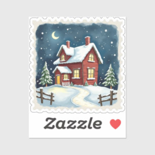 Winter Night Cabin Stamp Sticker