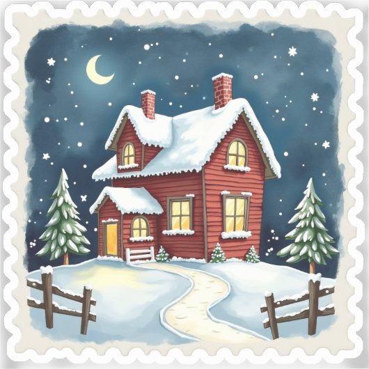 Winter Night Cabin Stamp Sticker (Voorkant)