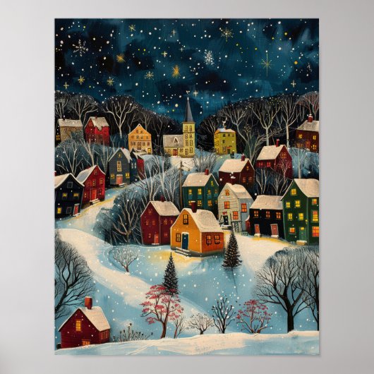 Winter Night Folk Art Oil Painting Poster (Voorkant)