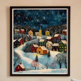 Winter Night Folk Art Oil Painting Poster