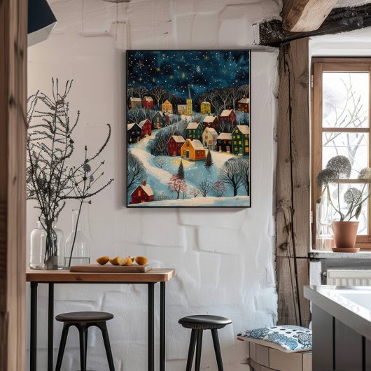 Winter Night Folk Art Oil Painting Poster