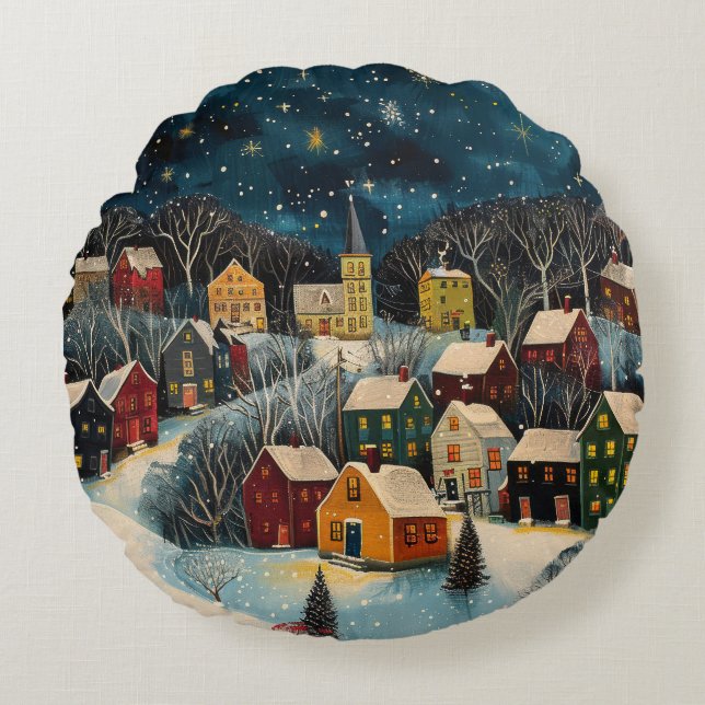Winter Night Folk Art Oil Painting Poster Rond Kussen (Voorkant)