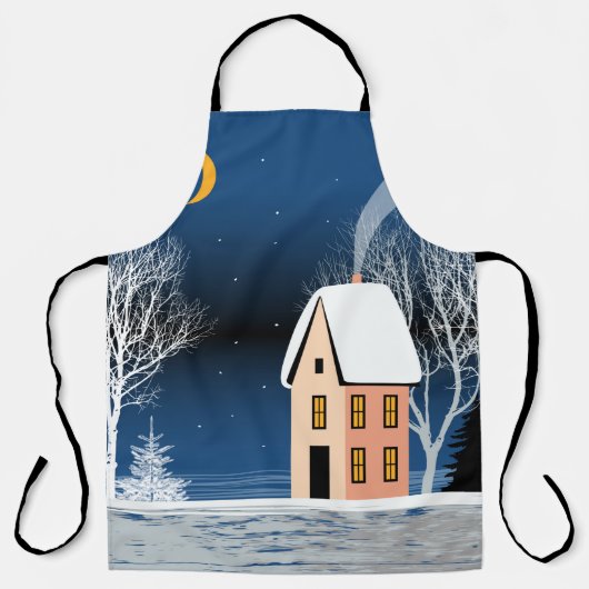 Winter night landscape. Cozy house, various trees, Schort (Voorkant)