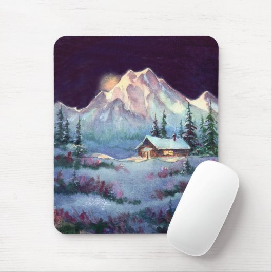 WINTER NIGHT LOG CABIN DOOR SHARON SHARPE MUISMAT (Met muis)