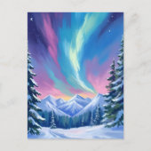 Winter Night Northern Lights Watercolor Mountain Briefkaart (Voorkant)