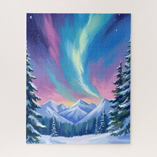 Winter Night Northern Lights Watercolor Mountain Legpuzzel (Verticaal)