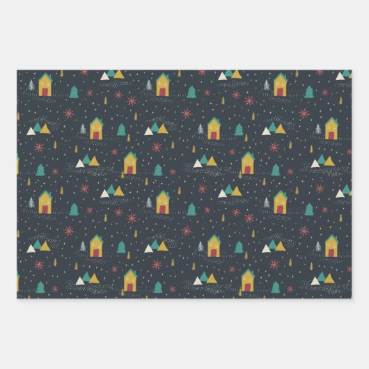 Winter Night Snowflakes landend op kleine huizen Inpakpapier Vel (Voorkant 3)