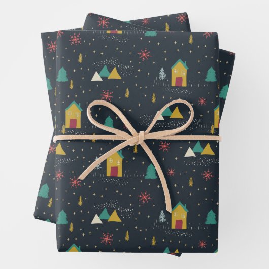 Winter Night Snowflakes landend op kleine huizen Inpakpapier Vel (In situ)