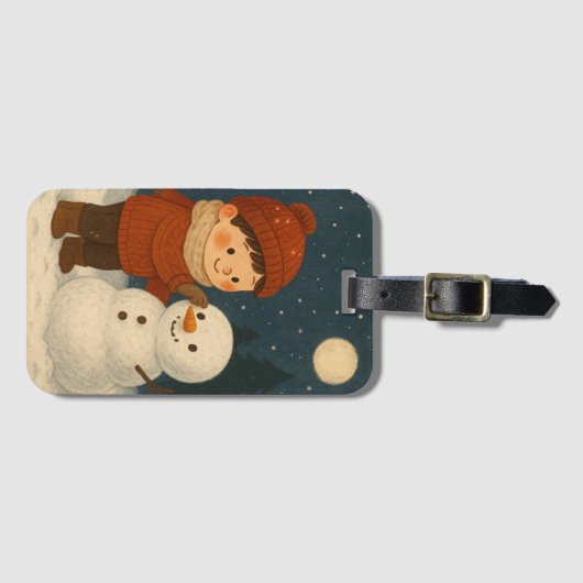 Winter Night Snowman Fun Bagagelabel (Voorkant (horizontaal))