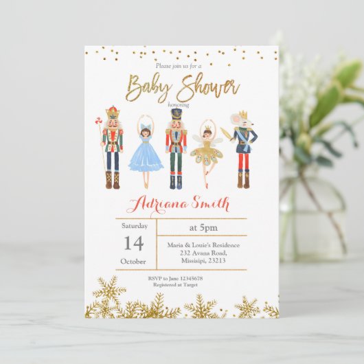 Winter Nutcracker baby shower Invitation Gold Kaart (Staand voorkant)