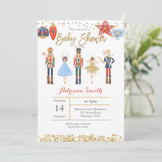 Winter Nutcracker baby shower Uitnodiging rood (Staand voorkant)