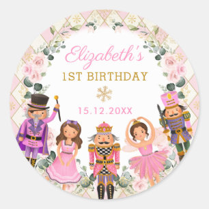 Winter Nutcracker Floral Birthday Party Baby Girl Ronde Sticker