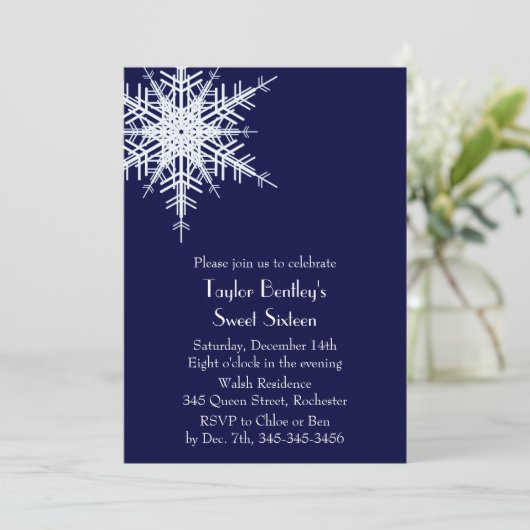 Winter Offset Snowflake 16th Birthday Invite blue Kaart (Staand voorkant)