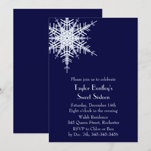 Winter Offset Snowflake 16th Birthday Invite blue Kaart (Voorkant / Achterkant)