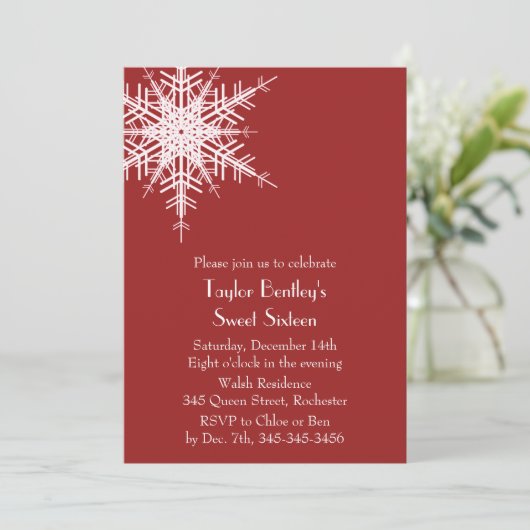 Winter Offset Snowflake 16th Birthday Invite red Kaart (Staand voorkant)