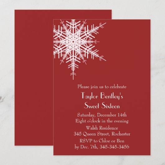 Winter Offset Snowflake 16th Birthday Invite red Kaart (Voorkant / Achterkant)