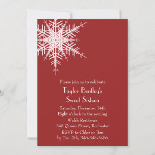 Winter Offset Snowflake 16th Birthday Invite red Kaart